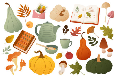 Cozy autumn set with books, pumpkins, mushrooms, tea and leaves. Collection of warm illustrations with textured details for card, poster, packaging, seasonal print. Flat vector design element isolatedのイラスト素材