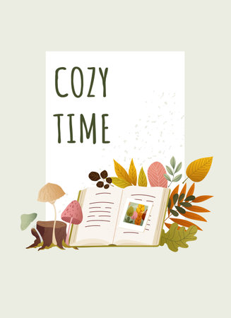 Cozy autumn card with open book, mushrooms, fall leaves in warm cozy style. Hand drawn vector textured illustration for fall card, print, poster, banner. Nostalgic design with soft atmosphereのイラスト素材