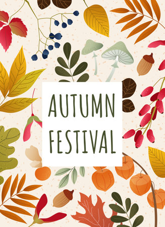 Festive autumn card with mushrooms, berries, acorns and colorful foliage. Warm seasonal Thanksgiving design Vector textured illustration for poster, print, fall fair banner, greeting card Hello autumnのイラスト素材