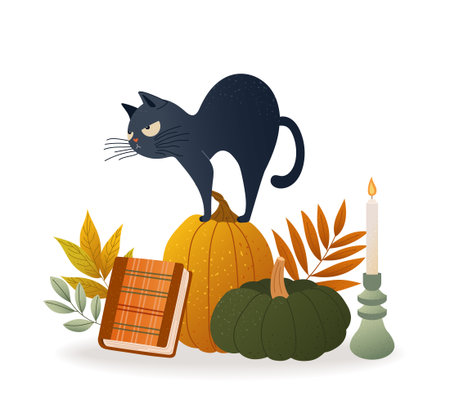 Cartoon black cat with angry expression standing on pumpkin. Halloween vibe with candle, fall leaves and book. Funny and emotional vector illustration for spooky seasonal prints, posters and designsのイラスト素材