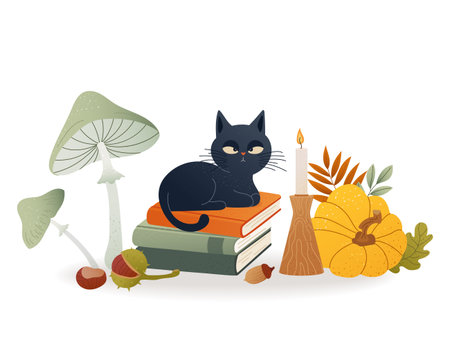Cartoon black cat resting on books near pumpkins, mushrooms and candle. Calm autumn scene with cozy Halloween atmosphere. Vector illustration for seasonal cards, prints and childrens designのイラスト素材