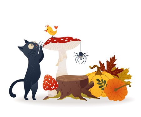 Curious cartoon black cat looking at a bird on a fly agaric mushroom. Autumn leaves, pumpkins and a spider add seasonal and Halloween vibes. Funny emotional vector illustration for posters and cardsのイラスト素材