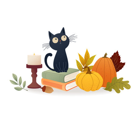 Cute cartoon black cat sitting on books with candle and pumpkins. Curious emotional look adds charm to this cozy Halloween illustration for autumn posters, cards and prints Vector childrens designのイラスト素材