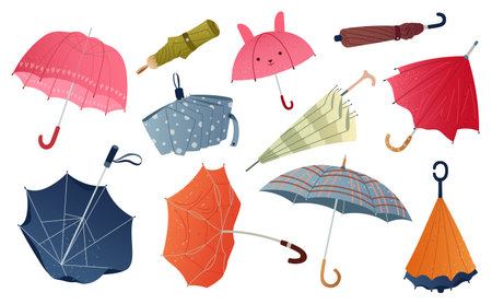 Vector collection of autumn umbrellas in textured flat style. Opened and closed designs, broken and folded shapes parasols. Decorative protecting canopies set. Rainy weather accessories with handlesのイラスト素材