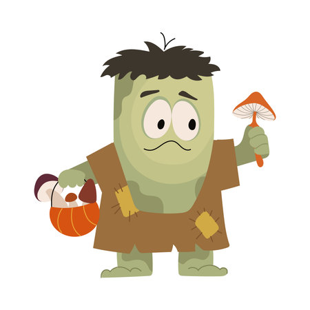 Cute green zombie cartoon character holding mushrooms and basket. Halloween monster illustration in flat vector style for kids design, print, stickers and holiday decoration Funny colorful characterのイラスト素材