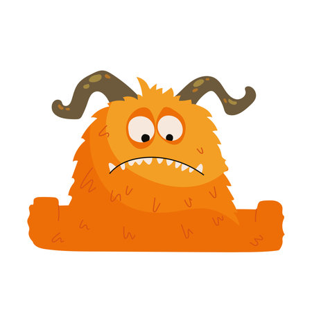 Cute cartoon orange furry monster with horns looking upset. Funny Halloween character illustration in flat vector style for kids design, print, stickers, holiday decoration. Fantasy colorful creatureのイラスト素材