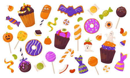 Halloween sweets set with cupcakes, candies, lollipops and spooky treats in festive design. Colorful trick or treat dessert collection with pumpkin jelly beans, worms and snakes. Vector illustrationのイラスト素材
