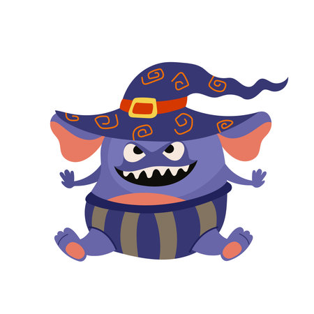 Purple chubby monster in witch hat with striped pants. Funny cartoon Halloween character with sharp teeth and big ears. Vector illustration for spooky party design, kids flyers, invitations, printsのイラスト素材