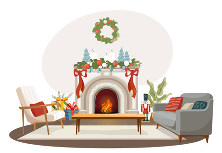 Bright Christmas living room with fireplace and wreath. Cozy festive interior with warm firelight, stylish decor and soft colors. Vector illustration for holiday card, poster and winter designのイラスト素材