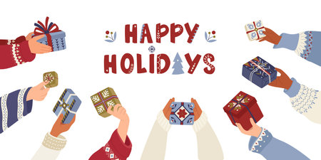 Christmas banner with diverse female and male hands holding gift boxes. Arms gives presents, festive isolated design for New Year. Xmas holiday with new year souvenirs in Scandinavian style.のイラスト素材