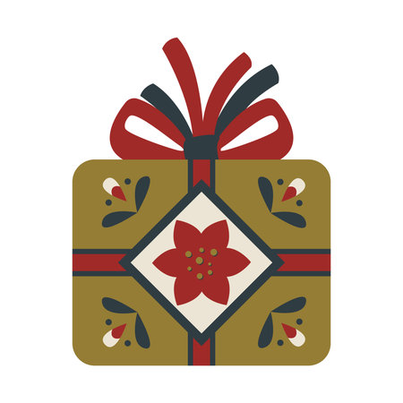 Charming Christmas gift. Festive hand-drawn present with rustic details for holiday cards, banner, flyers, winter decor Nordic vector illustration isolated on white backgroundのイラスト素材