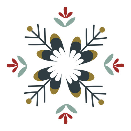 Charming folk style snowflake ornament and cool winter hues for holiday decor, greeting cards, packaging, textile design and seasonal branding. Flat vector illustration with modern Scandinavian flairのイラスト素材