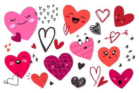 Vector set of hand-drawn doodle hearts with expressive faces, playful textures and love Valentine vibe. Charming illustrations for cards, stickers, prints, social media and romantic holiday designのイラスト素材
