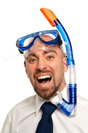 Businessman isolated on a white background looking worried wearing a snorkel and mask の写真素材