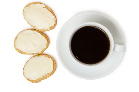 Sandwiches with cheese spread and black coffee in cup isolated on white background