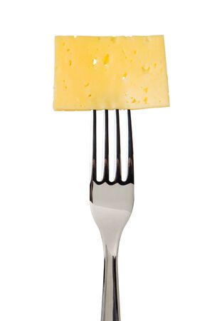 Cheese slice on fork isolated on white backgroundの写真素材