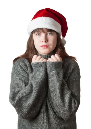 Girl in sweater and hat Santa Clausの写真素材