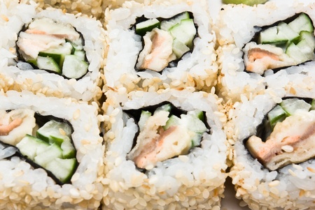 Six tightly beside put sushi rolls closeupの写真素材