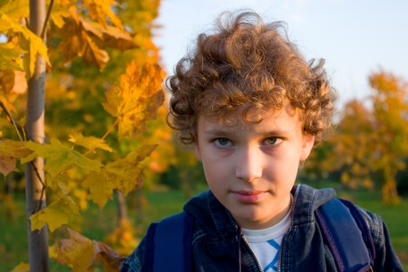 The boy in the autumn in the streetの写真素材