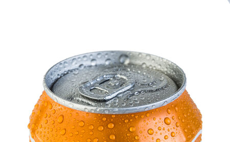 Metal jar drink with droplets of water isolated on white backgroundの写真素材