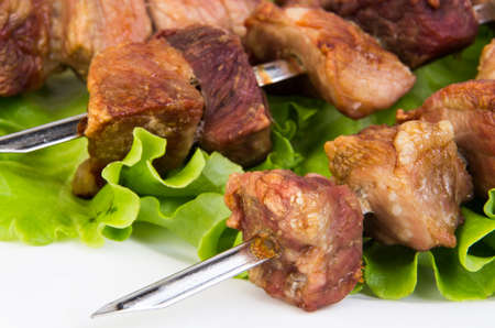 Pork shashlik close up on plateの写真素材