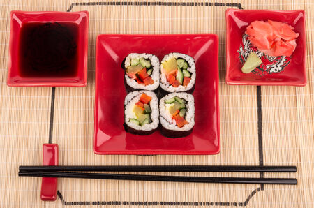 Rolls with vegetables on matの写真素材