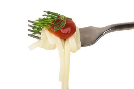 Pasta with tomato ketchup on steel fork isolated on white backgroundの写真素材
