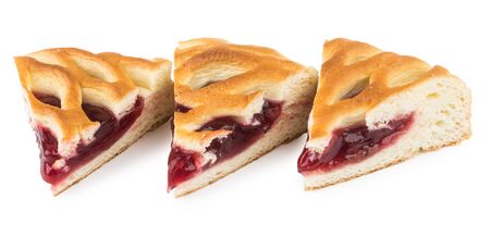 Three pieces of cherry pie isolated on white backgroundの写真素材