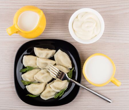 Dumplings on plate, mayonnaise, jug and cup of milk, top viewの写真素材