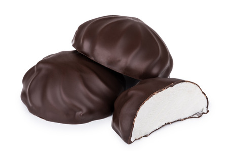 Full and cutted glazed chocolate marshmallows isolated on white backgroundの写真素材