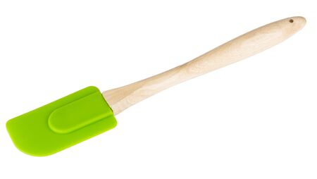 Silicone kitchen spatula with wooden handle isolated on white backgroundの写真素材