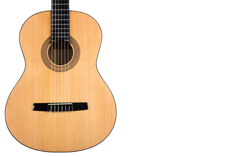 Body classical guitar with yellow deck isolated on white backgroundの写真素材