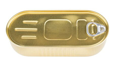 Oblong metal cans fish with ring opening isolated on white background