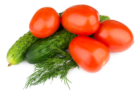 Tomatoes, cucumbers and dill isolated on white backgroundの写真素材