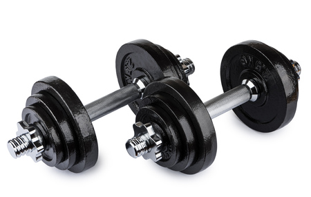 Two ajustable dumbbells isolated on white backgroundの写真素材
