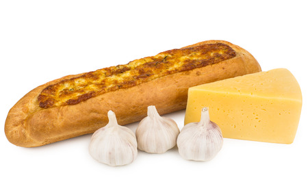 Baguette with garlic and cheese isolated on white backgroundの写真素材