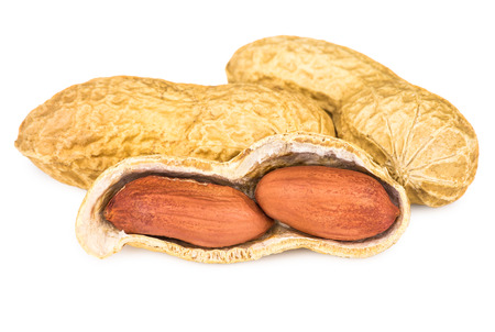 Roasted peanuts in split shell isolated on white background