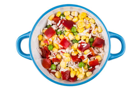 Glass bowl with vegetable mix isolated on white backgroundの写真素材