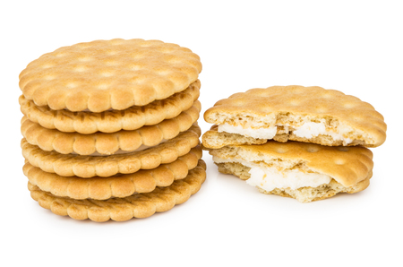 Stack of cookies with stuffed and broken cookie isolated on white backgroundの写真素材