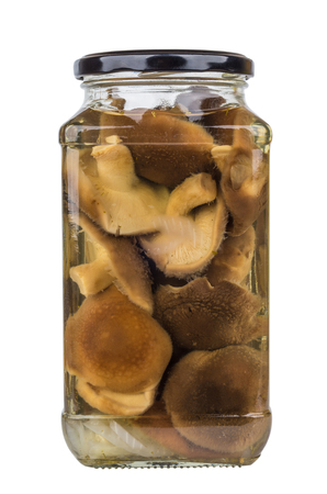 Transparent glass jar with marinated mushroom isolated on white backgroundの写真素材