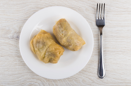 Two fried cabbage rolls in white plate and fork on wooden table. Top viewの写真素材
