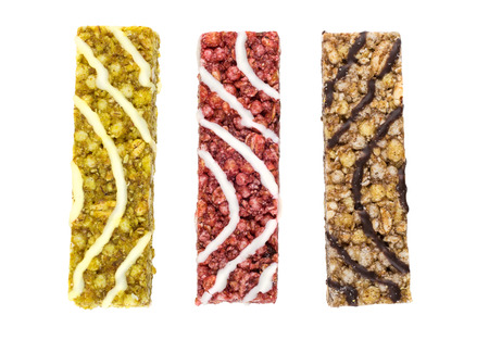 Three different granola bars isolated on white background. Top viewの写真素材