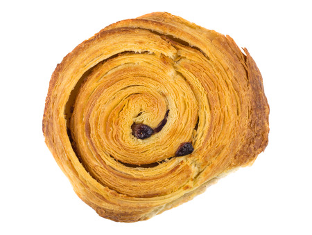 Puff bun with raisin isolated on white background. Top viewの写真素材