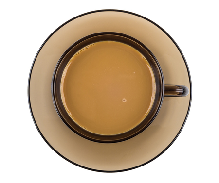Coffee with milk in cup on saucer isolated on white background. Top viewの写真素材