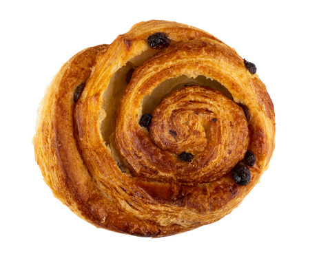 Sweet bun with raisin isolated on white background. Top viewの写真素材