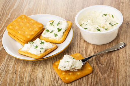 Crackers with soft cheese and greens in saucer, soft cheese in white jar, spoon with cheese on cookie on wooden tableの写真素材