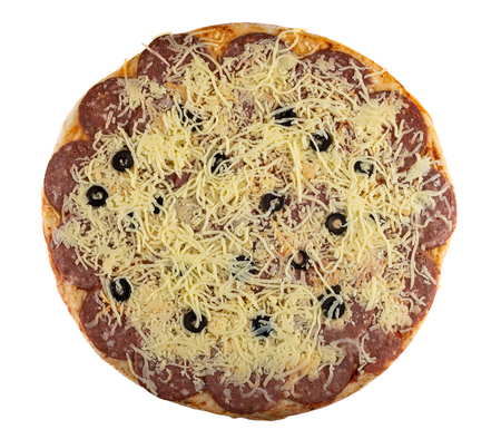 Uncooked pizza pepperoni isolated on white background. Top viewの写真素材