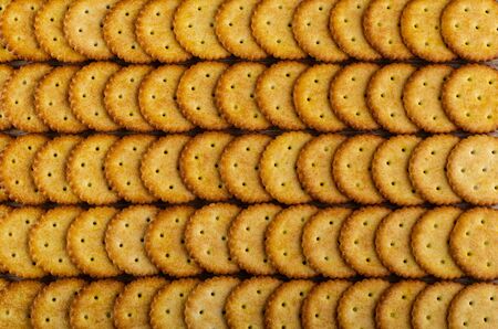 Background from rows of round crackers. Top viewの写真素材