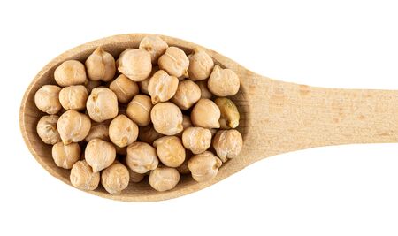 Wooden spoon with dry chickpeas isolated on white background. Top viewの写真素材