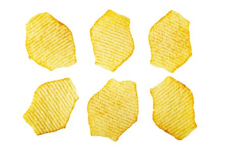 Wavy potato chips isolated on white background. Top viewの写真素材